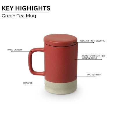 'Cherry Red' Ceramic Green Tea & Coffee Mug With Lid (Non Air-Tight, 320 ml, Microwave Safe, Hand Glazed)