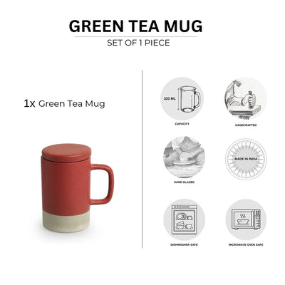 'Cherry Red' Ceramic Green Tea & Coffee Mug With Lid (Non Air-Tight, 320 ml, Microwave Safe, Hand Glazed)