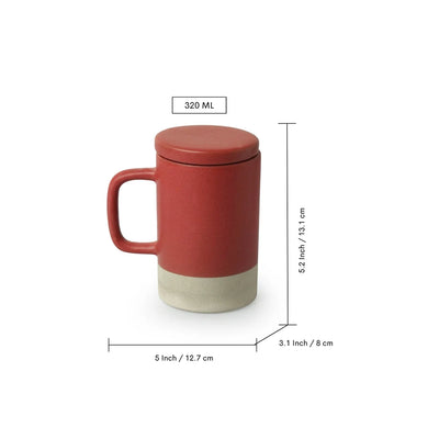 'Cherry Red' Ceramic Green Tea & Coffee Mug With Lid (Non Air-Tight, 320 ml, Microwave Safe, Hand Glazed)