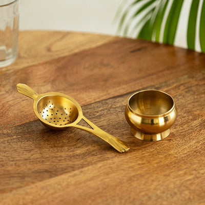 'Uttam' Pure Brass Tea Strainer Set (1 Seive & 1 Holder, 100 grams, Handcarved)