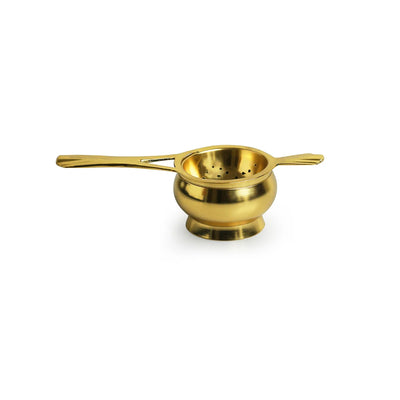 'Uttam' Pure Brass Tea Strainer Set (1 Seive & 1 Holder, 100 grams, Handcarved)