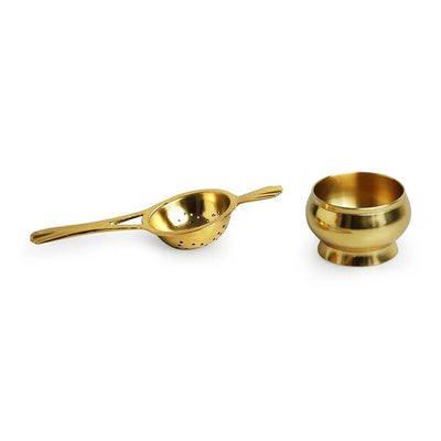 'Uttam' Pure Brass Tea Strainer Set (1 Seive & 1 Holder, 100 grams, Handcarved)