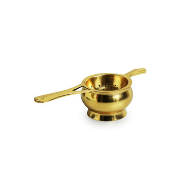 'Uttam' Pure Brass Tea Strainer Set (1 Seive & 1 Holder, 100 grams, Handcarved)