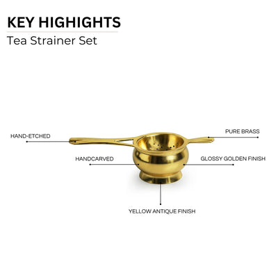 'Uttam' Pure Brass Tea Strainer Set (1 Seive & 1 Holder, 100 grams, Handcarved)