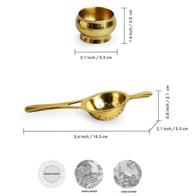 'Uttam' Pure Brass Tea Strainer Set (1 Seive & 1 Holder, 100 grams, Handcarved)