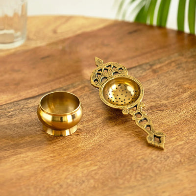 'Jaali' Pure Brass Tea Strainer Set (1 Seive & 1 Holder, 140 grams, Hand-Etched)