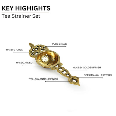 'Jaali' Pure Brass Tea Strainer Set (1 Seive & 1 Holder, 140 grams, Hand-Etched)