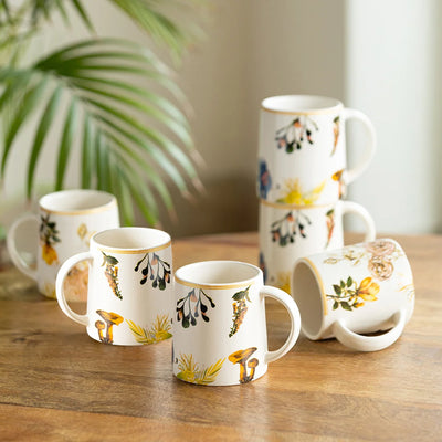 'Floral' Decals Coffee & Tea Cups In Ceramic (Set Of 6, 260 ML, Microwave Safe)