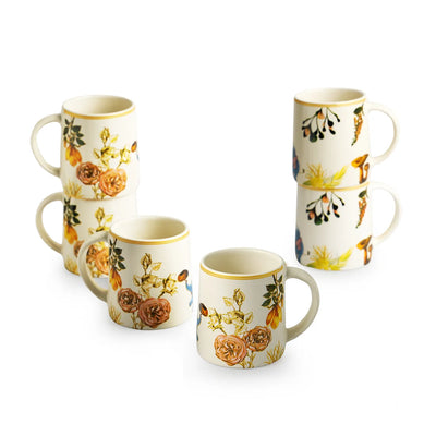 'Floral' Decals Coffee & Tea Cups In Ceramic (Set Of 6, 260 ML, Microwave Safe)