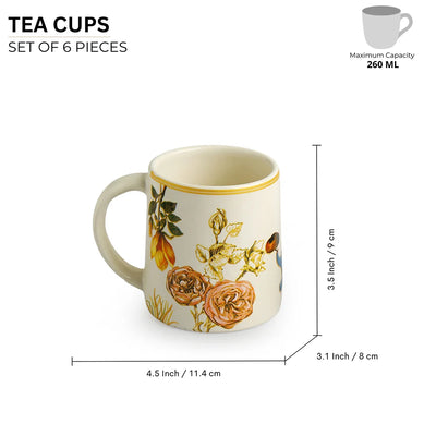 'Floral' Decals Coffee & Tea Cups In Ceramic (Set Of 6, 260 ML, Microwave Safe)