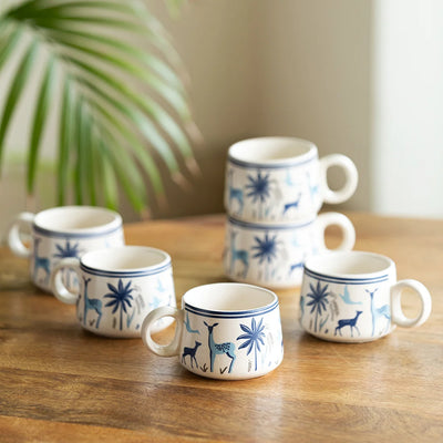 'Deer & Floral' Decals Coffee & Tea Cups In Ceramic (Set Of 6, 150 ML, Microwave Safe)