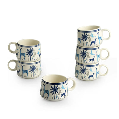 'Deer & Floral' Decals Coffee & Tea Cups In Ceramic (Set Of 6, 150 ML, Microwave Safe)