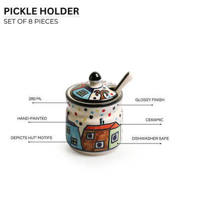 'The Hut' Multi-Purpose Ceramic Pickle & Chutney Jar Set With Spoons (Non Air-Tight, Set Of 4, 280 ML, Hand-Painted)