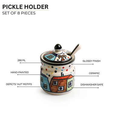 'The Hut' Multi-Purpose Ceramic Pickle & Chutney Jar Set With Spoons (Non Air-Tight, Set Of 4, 280 ML, Hand-Painted)