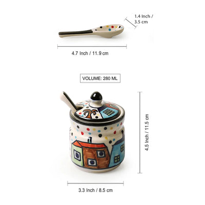 'The Hut' Multi-Purpose Ceramic Pickle & Chutney Jar Set With Spoons (Non Air-Tight, Set Of 4, 280 ML, Hand-Painted)