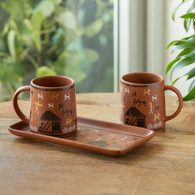 ExclusiveLane 'Warli Village Tales' Ceramic Tea & Coffee Mugs With Tray (Set of 2, 300 ML, Microwave Safe, Handcrafted)