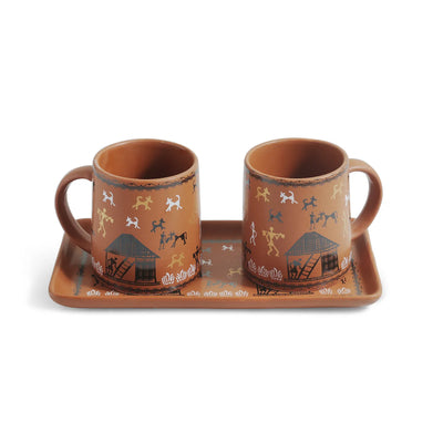 ExclusiveLane 'Warli Village Tales' Ceramic Tea & Coffee Mugs With Tray (Set of 2, 300 ML, Microwave Safe, Handcrafted)