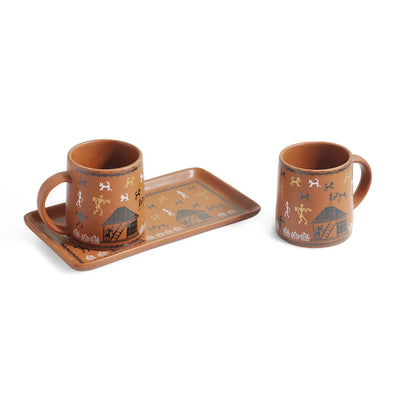 ExclusiveLane 'Warli Village Tales' Ceramic Tea & Coffee Mugs With Tray (Set of 2, 300 ML, Microwave Safe, Handcrafted)