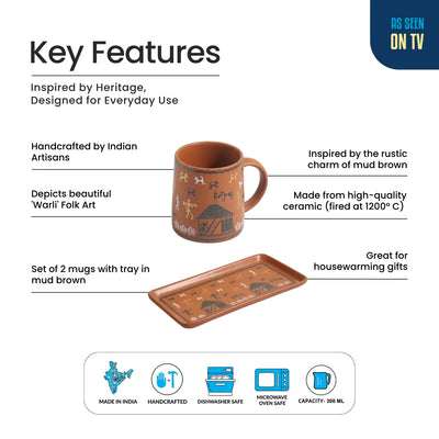 ExclusiveLane 'Warli Village Tales' Ceramic Tea & Coffee Mugs With Tray (Set of 2, 300 ML, Microwave Safe, Handcrafted)