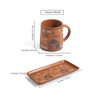 ExclusiveLane 'Warli Village Tales' Ceramic Tea & Coffee Mugs With Tray (Set of 2, 300 ML, Microwave Safe, Handcrafted)