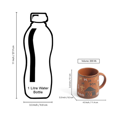 ExclusiveLane 'Warli Village Tales' Ceramic Tea & Coffee Mugs With Tray (Set of 2, 300 ML, Microwave Safe, Handcrafted)