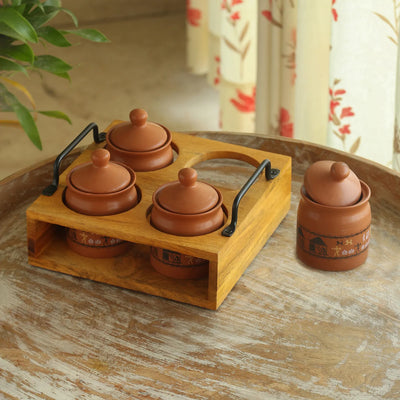 ExclusiveLane 'Warli Village Tales' Multi-Purpose Ceramic Pickle & Chutney Jar Set With Wooden Holder (Set of 4, Non Air-Tight, 250 ML,Handcrafted)