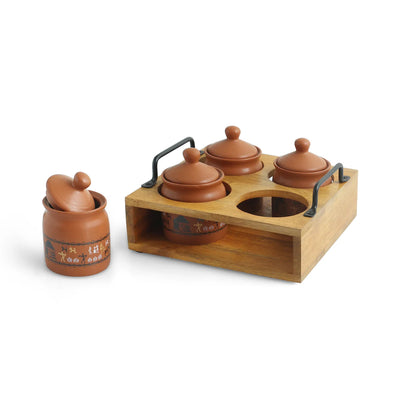 ExclusiveLane 'Warli Village Tales' Multi-Purpose Ceramic Pickle & Chutney Jar Set With Wooden Holder (Set of 4, Non Air-Tight, 250 ML,Handcrafted)