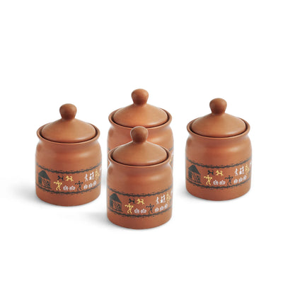 ExclusiveLane 'Warli Village Tales' Multi-Purpose Ceramic Pickle & Chutney Jar Set With Wooden Holder (Set of 4, Non Air-Tight, 250 ML,Handcrafted)