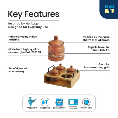 ExclusiveLane 'Warli Village Tales' Multi-Purpose Ceramic Pickle & Chutney Jar Set With Wooden Holder (Set of 4, Non Air-Tight, 250 ML,Handcrafted)