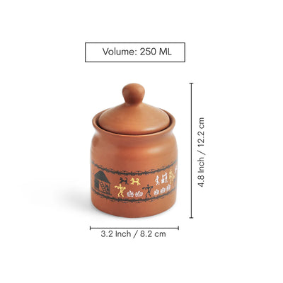 ExclusiveLane 'Warli Village Tales' Multi-Purpose Ceramic Pickle & Chutney Jar Set With Wooden Holder (Set of 4, Non Air-Tight, 250 ML,Handcrafted)