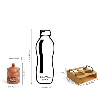 ExclusiveLane 'Warli Village Tales' Multi-Purpose Ceramic Pickle & Chutney Jar Set With Wooden Holder (Set of 4, Non Air-Tight, 250 ML,Handcrafted)