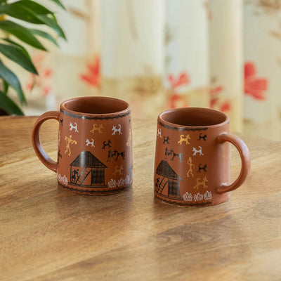 ExclusiveLane 'Warli Village Tales' Ceramic Tea & Coffee Mugs (Set of 2, 300 ML, Microwave Safe, Handcrafted)