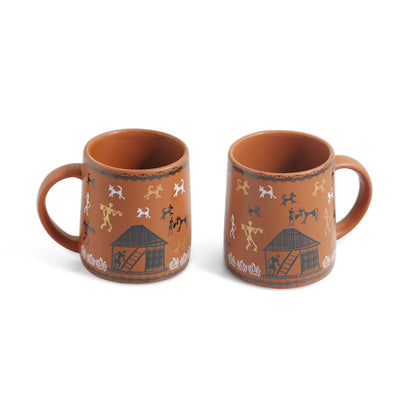ExclusiveLane 'Warli Village Tales' Ceramic Tea & Coffee Mugs (Set of 2, 300 ML, Microwave Safe, Handcrafted)