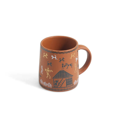 ExclusiveLane 'Warli Village Tales' Ceramic Tea & Coffee Mugs (Set of 2, 300 ML, Microwave Safe, Handcrafted)