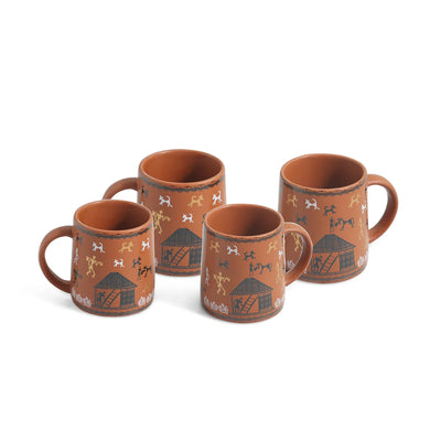 ExclusiveLane 'Warli Village Tales' Ceramic Tea & Coffee Mugs (Set of 4, 300 ML, Microwave Safe, Handcrafted)