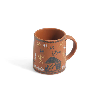 ExclusiveLane 'Warli Village Tales' Ceramic Tea & Coffee Mugs (Set of 4, 300 ML, Microwave Safe, Handcrafted)