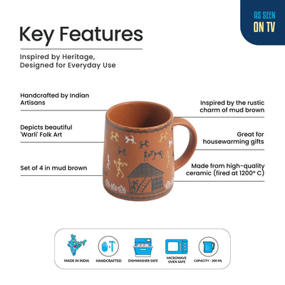 ExclusiveLane 'Warli Village Tales' Ceramic Tea & Coffee Mugs (Set of 4, 300 ML, Microwave Safe, Handcrafted)