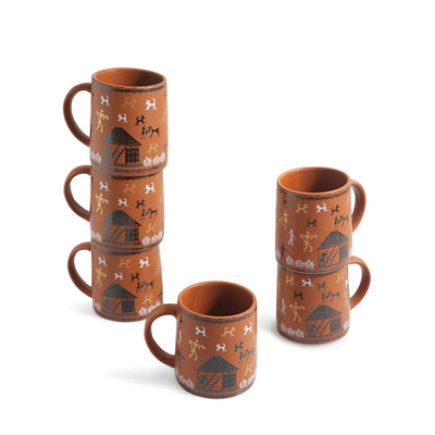 ExclusiveLane 'Warli Village Tales' Ceramic Tea & Coffee Mugs (Set of 6, 300 ML, Microwave Safe, Handcrafted)