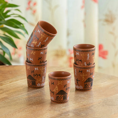 ExclusiveLane 'Warli Village Tales' Handcrafted Ceramic Tea Glasses (Set of 6, 100 ML, Microwave Safe)