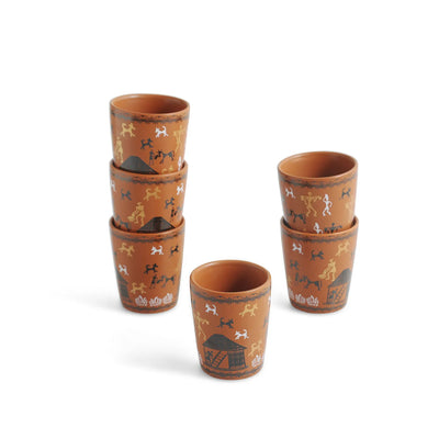 ExclusiveLane 'Warli Village Tales' Handcrafted Ceramic Tea Glasses (Set of 6, 100 ML, Microwave Safe)