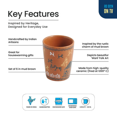 ExclusiveLane 'Warli Village Tales' Handcrafted Ceramic Tea Glasses (Set of 6, 100 ML, Microwave Safe)