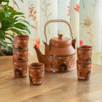 ExclusiveLane 'Warli Village Tales' Ceramic Tea Glasses & Kettle Set (6 Tea Glasses & 1 Kettle, Microwave Safe, Handcrafted)