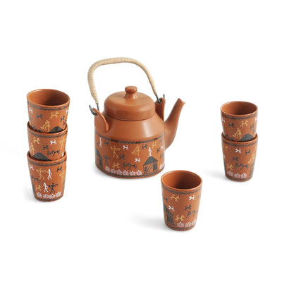 ExclusiveLane 'Warli Village Tales' Ceramic Tea Glasses & Kettle Set (6 Tea Glasses & 1 Kettle, Microwave Safe, Handcrafted)