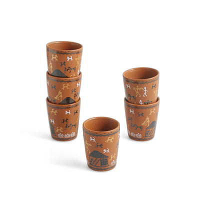 ExclusiveLane 'Warli Village Tales' Ceramic Tea Glasses & Kettle Set (6 Tea Glasses & 1 Kettle, Microwave Safe, Handcrafted)