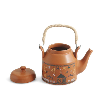 ExclusiveLane 'Warli Village Tales' Ceramic Tea Glasses & Kettle Set (6 Tea Glasses & 1 Kettle, Microwave Safe, Handcrafted)