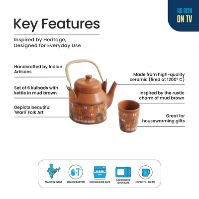 ExclusiveLane 'Warli Village Tales' Ceramic Tea Glasses & Kettle Set (6 Tea Glasses & 1 Kettle, Microwave Safe, Handcrafted)