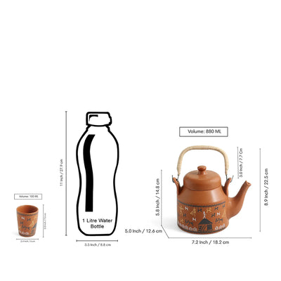 ExclusiveLane 'Warli Village Tales' Ceramic Tea Glasses & Kettle Set (6 Tea Glasses & 1 Kettle, Microwave Safe, Handcrafted)