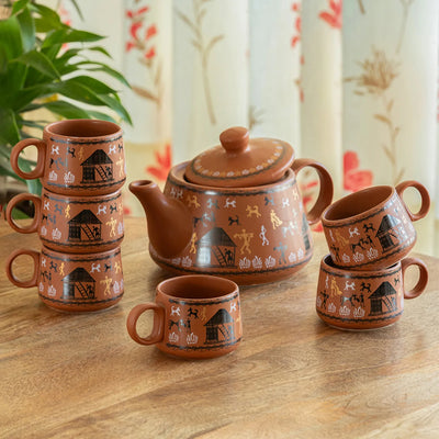 ExclusiveLane'Warli Village Tales' Ceramic Tea Cups & Kettle Set (6 Tea Cups & 1 Kettle, Microwave Safe, Handcrafted)