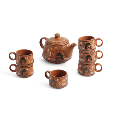 ExclusiveLane'Warli Village Tales' Ceramic Tea Cups & Kettle Set (6 Tea Cups & 1 Kettle, Microwave Safe, Handcrafted)