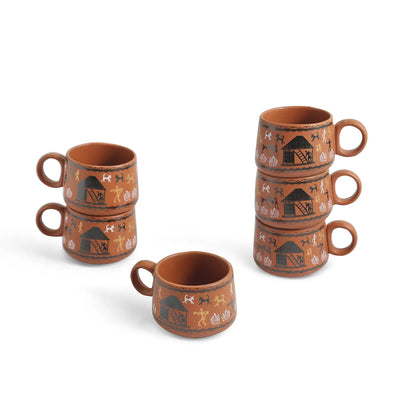 ExclusiveLane'Warli Village Tales' Ceramic Tea Cups & Kettle Set (6 Tea Cups & 1 Kettle, Microwave Safe, Handcrafted)